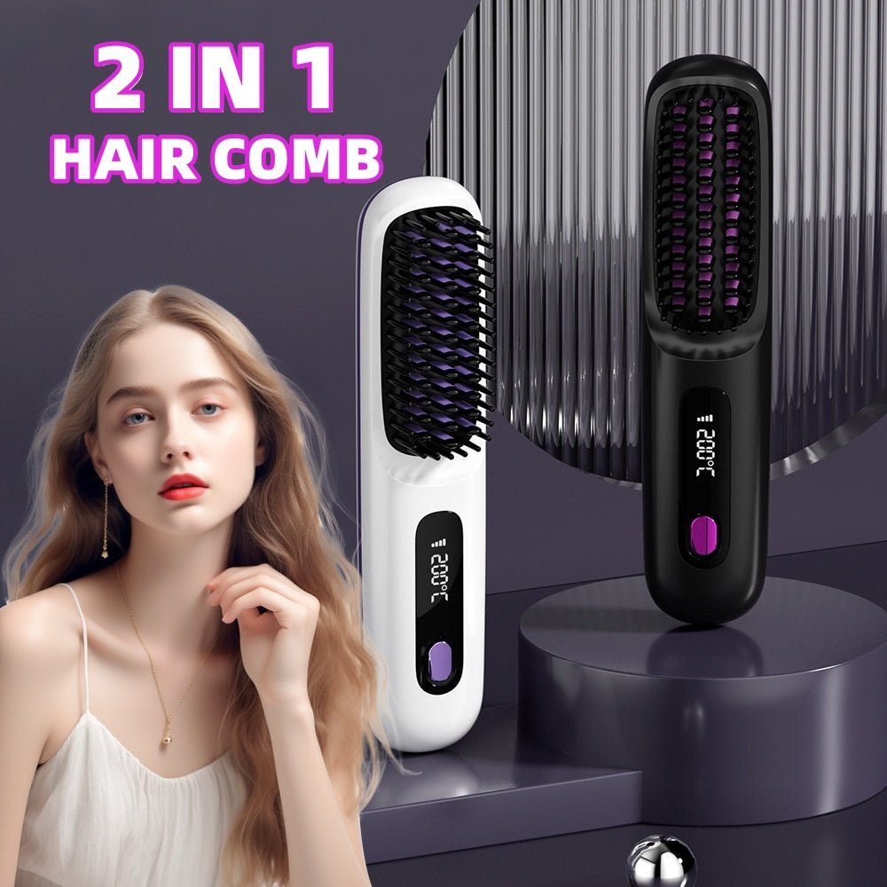 2 In 1 Straight Hair Comb Wireless Hair Straightener Brush - Urban Mart