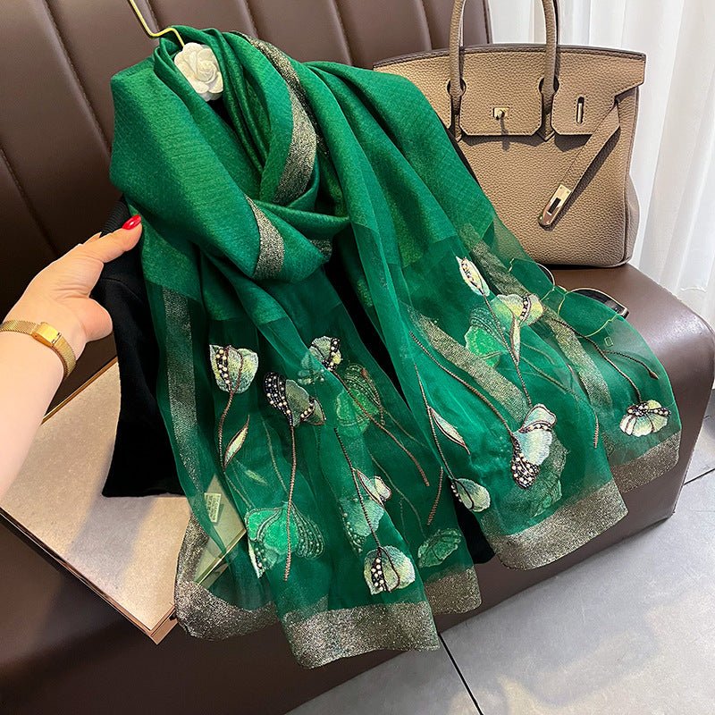 Chinese Style Pearl Flower Scarf Women's Embroidered Silk Scarf Warm Shawl - Urban Mart