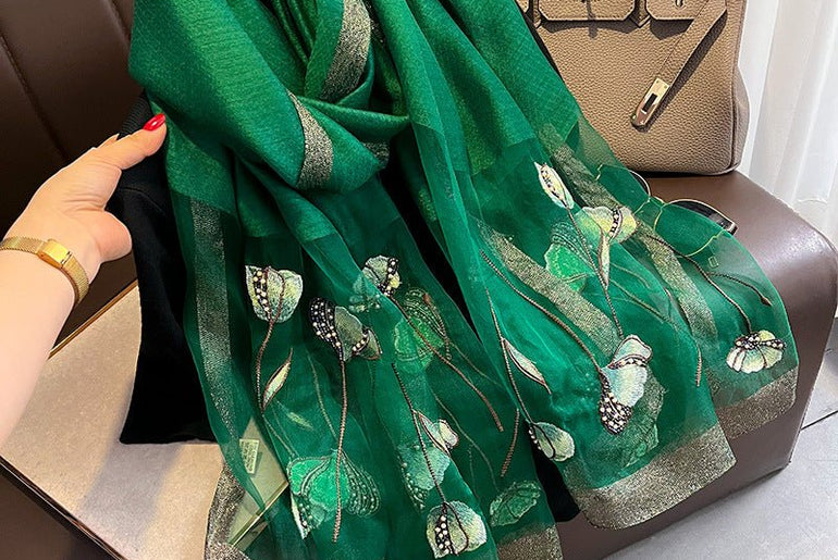 Chinese Style Pearl Flower Scarf Women's Embroidered Silk Scarf Warm Shawl - Urban Mart