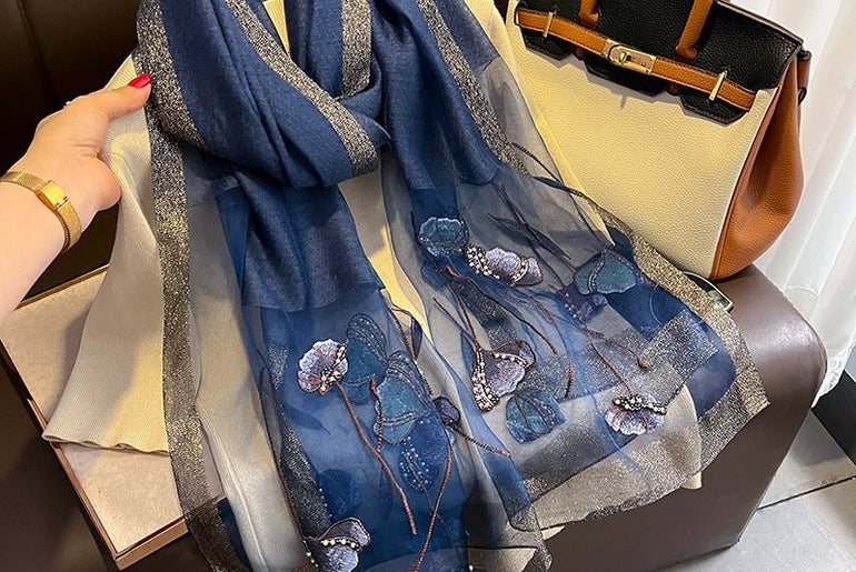 Chinese Style Pearl Flower Scarf Women's Embroidered Silk Scarf Warm Shawl - Urban Mart