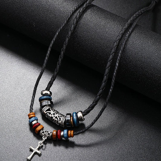 Creative Beaded Multi - layer Alloy Cross Leather Necklace - Urban Mart