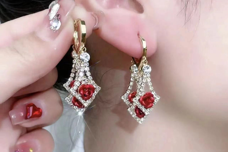 Elegant Diamond Rhinestone Lovely Rose Earrings - Urban Mart