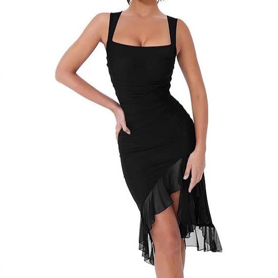 European And American U - collar Slim Mesh Splicing Sling Dress - Urban Mart