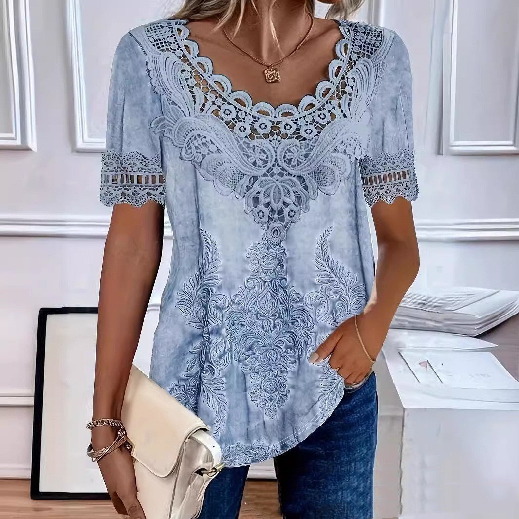 Fashionable Elegant Casual Hollow Lace Women's T-shirt - Urban Mart