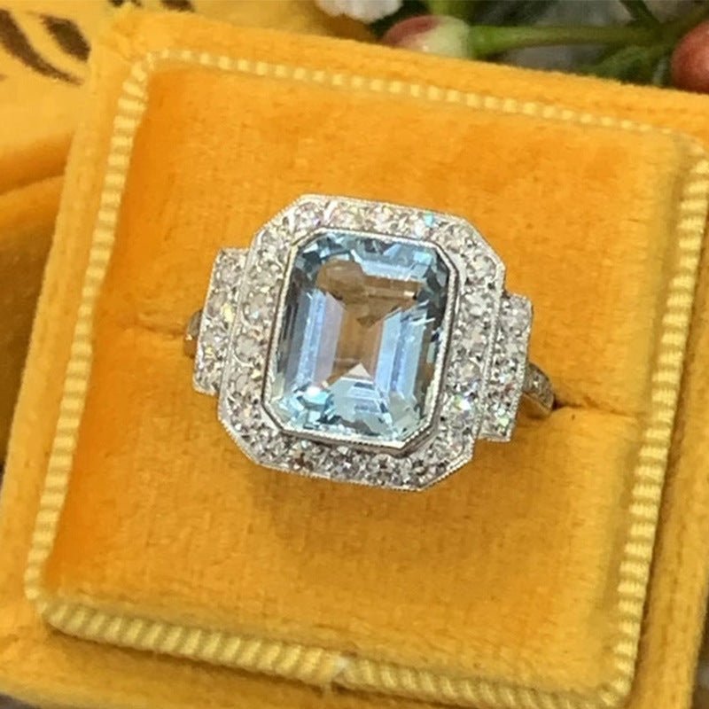 Luxury Square Sea Blue Zircon Ring For High - end Anniversary Celebration - Urban Mart