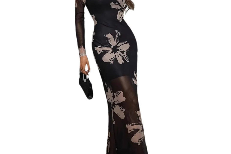 Slim - fit Sand Floral Pattern Elegant Floral Print Dress - Urban Mart