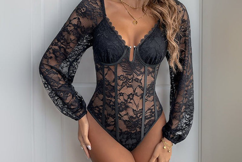 Women's Long - sleeved Chest Cup Lace Jumpsuit - Urban Mart