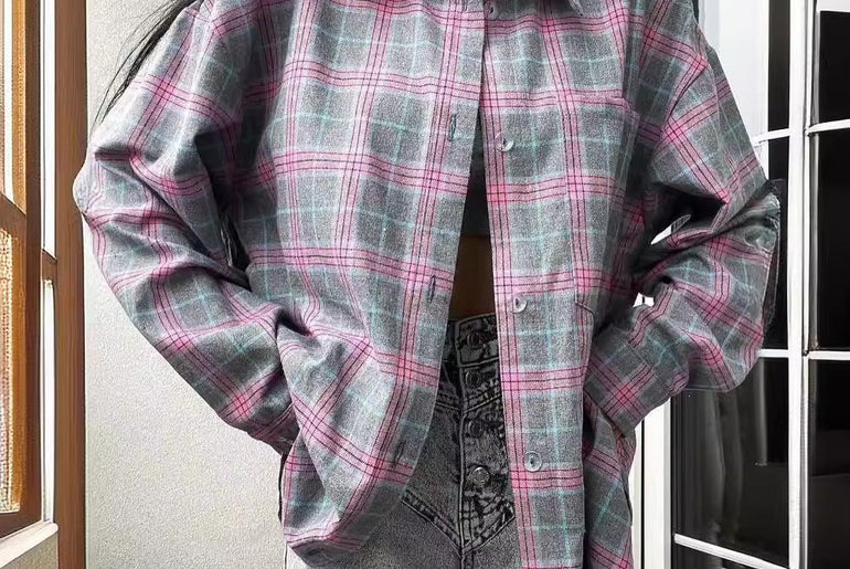 Women's Retro Easy Matching Lapel Loose Plaid Long - sleeved Shirt - Urban Mart